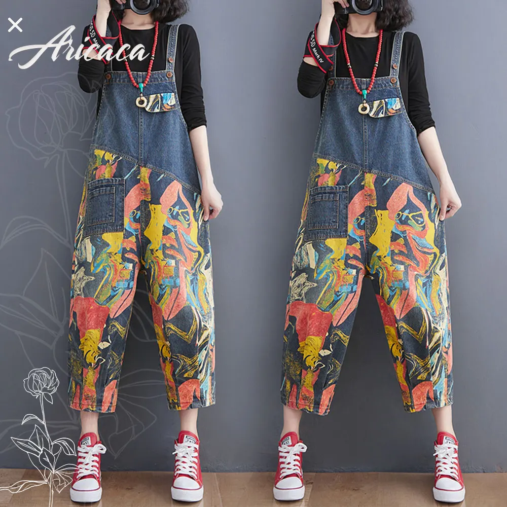 

Aricaca Women Casual Spliced Loose Printed Jumpsuits Women High Quality M-2XL Denim Overalls with Big Pockets