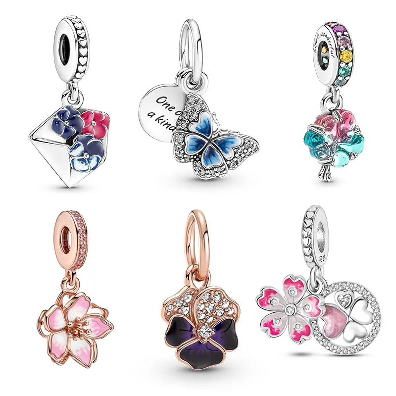 

Подвеска-конверт из серебра 925 пробы с цветком вишни, подвеска из стерлингового серебра с синей бабочкой для оригинального браслета Pandora