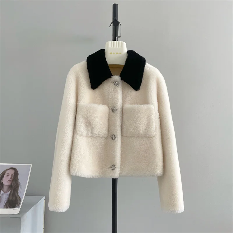 genuine wool 100% Autumn winter 2023: Little Fragrance Shearing Wool Celebrity Lamb Hair Short Lapel Grain Coat Young Fur