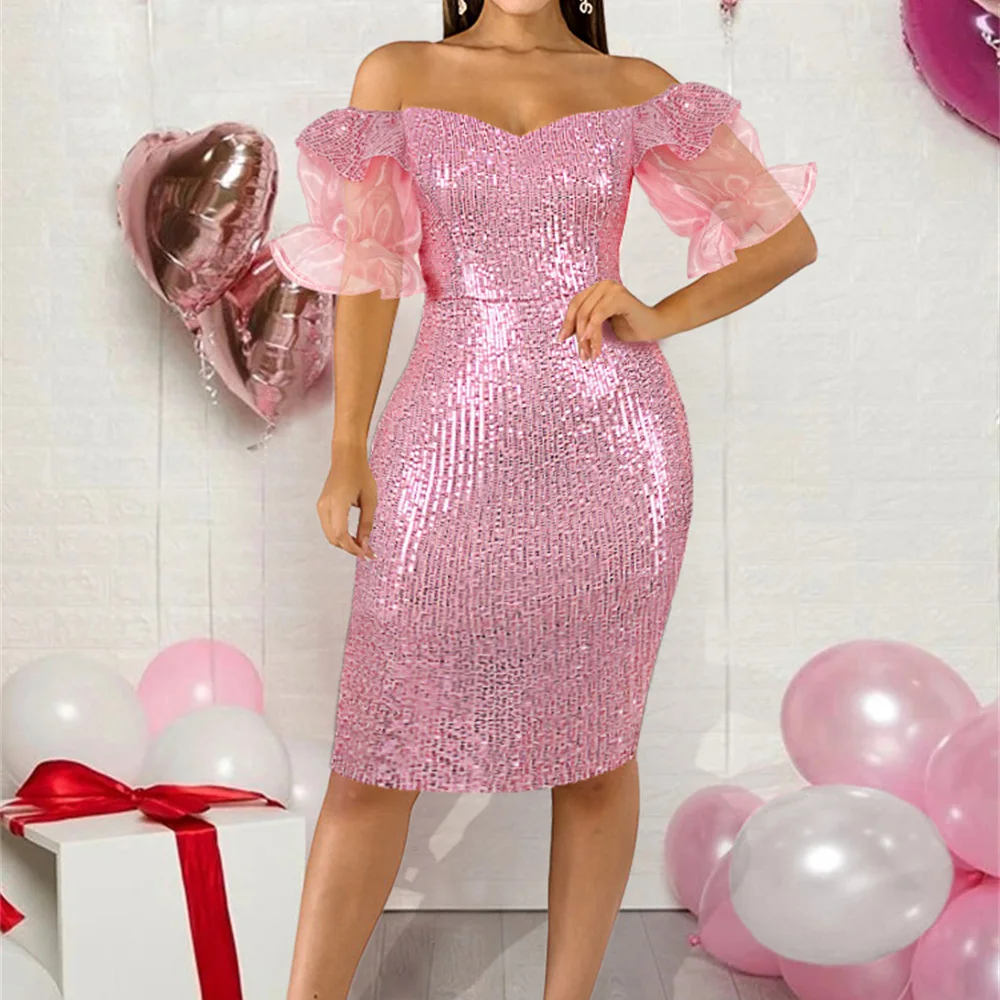 

Sexy Strapless Glitter Bodycon Summer Dress Women Elegant Mesh Patchwork Shiny Sequins Robe Femme Ruffle Sleeve Slim Party Dress