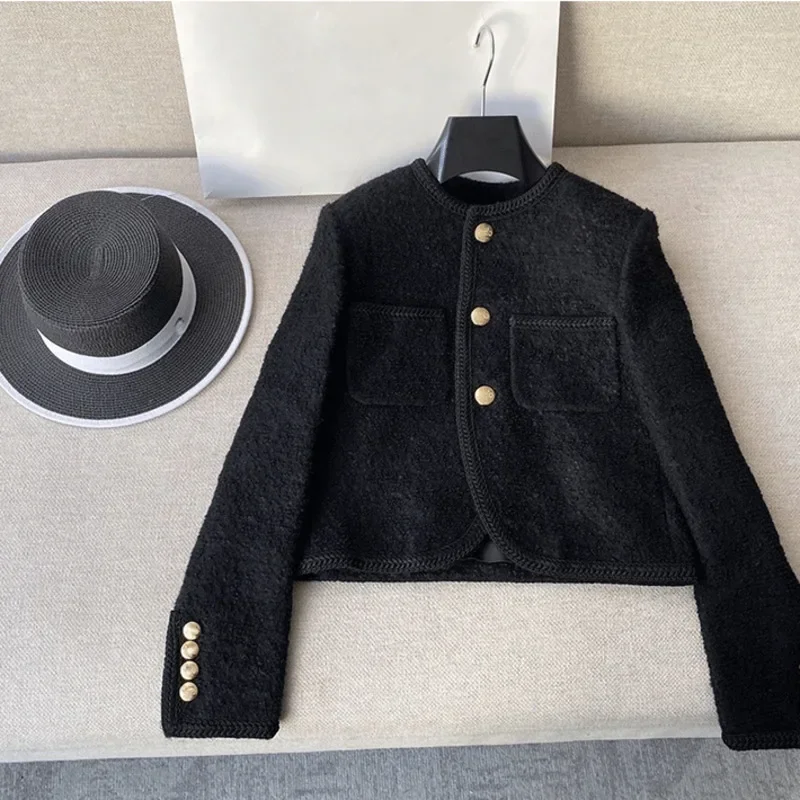 

Женская твидовая куртка на пуговицах, черная Элегантная куртка с двумя карманами и золотыми пуговицами, одежда для весны и осени, 2023