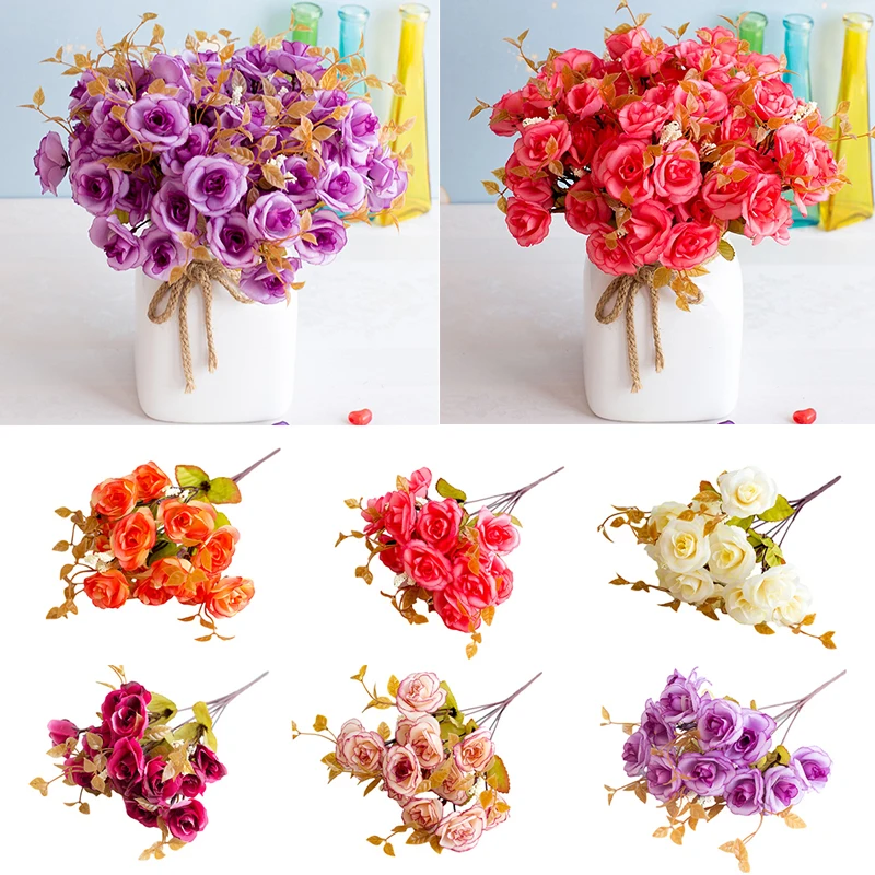 

14 Heads Small Artificial Rose Flowers Flannel DIY Fake Floral For Wedding Wall Table Door Party Home Garden Decor Fabric Flore