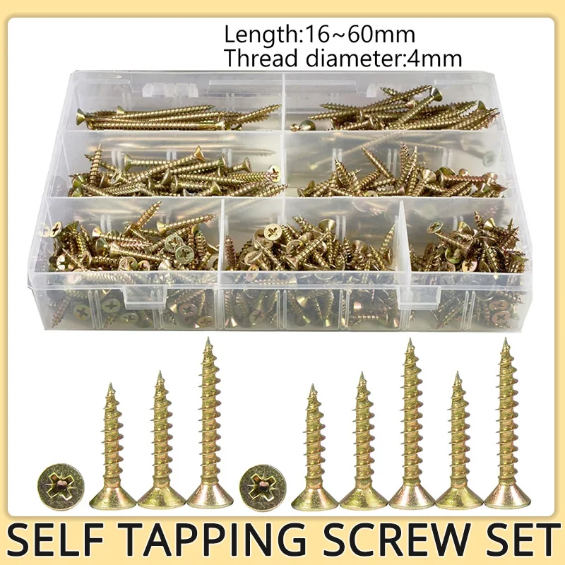

M4 Self Tapping Screw Set Fibreboard Phillips Cross Metal Flat Head Zinc Screw Wood Countersunk Tip Drywall Nail Assortment Kit