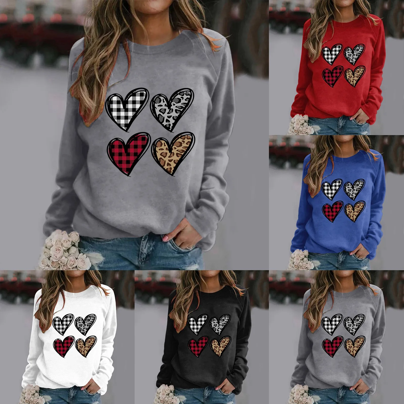 

Sweatshirts Hoodies Valentine's Day Women's Sweatshirt Crew Neck Four Heart Print Long Sleeve Casual Bottom Banded Tops Women