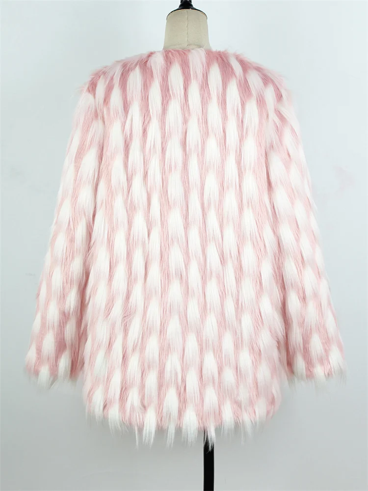 Faux Fur Coat Women Pink White Jacquard Short Jackets 2022 Autumn Winter Fashion V Neck Slim Long Sleeve Imitation Fur Clothing