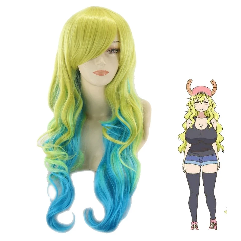 Anime Women Long Wavy Miss Kobayashi's Dragon Maid Lucoa Long Wavy Yellow Blue Ombre Quetzalcoatl Lucoa Hair Wigs
