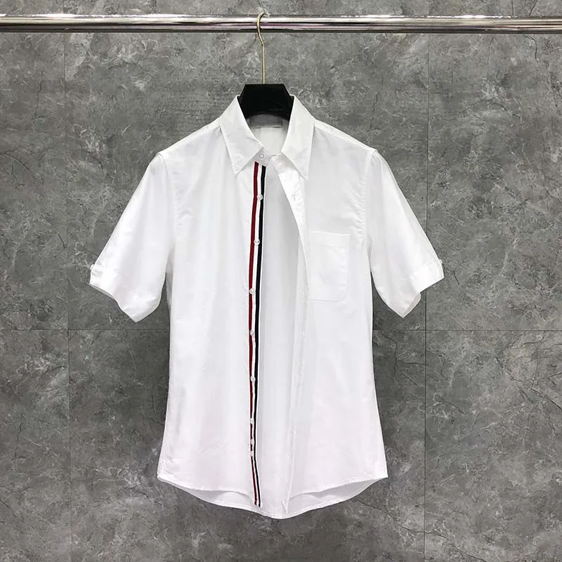 TB THOM Men's Shirt White Fashion Top Brand Striped Closure Casual Oxford Fine Cotton Short Sleeve High Quality Summer Shirts