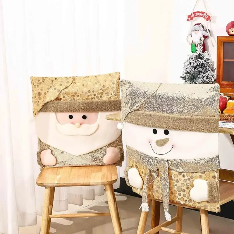 Christmas Chair Back Covers Sequin Santa/Snowman/Elk Dining Kitchen Xmas Slipcover Protector Wedding Decor Ornaments