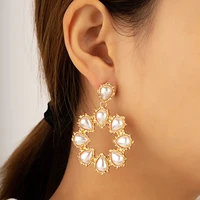 fashion inlaid drop shaped imitation pearl drop earring for women geometric round metal exaggerated party jewelry