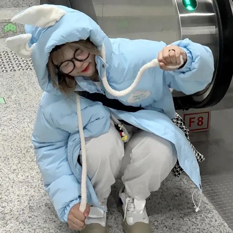 Female Students Loose Kawaii Cute Rabbit Ears Wild Thick Bread Clothing Warm Cotton Jacket Winter Hooded Cotton-padded Jacket