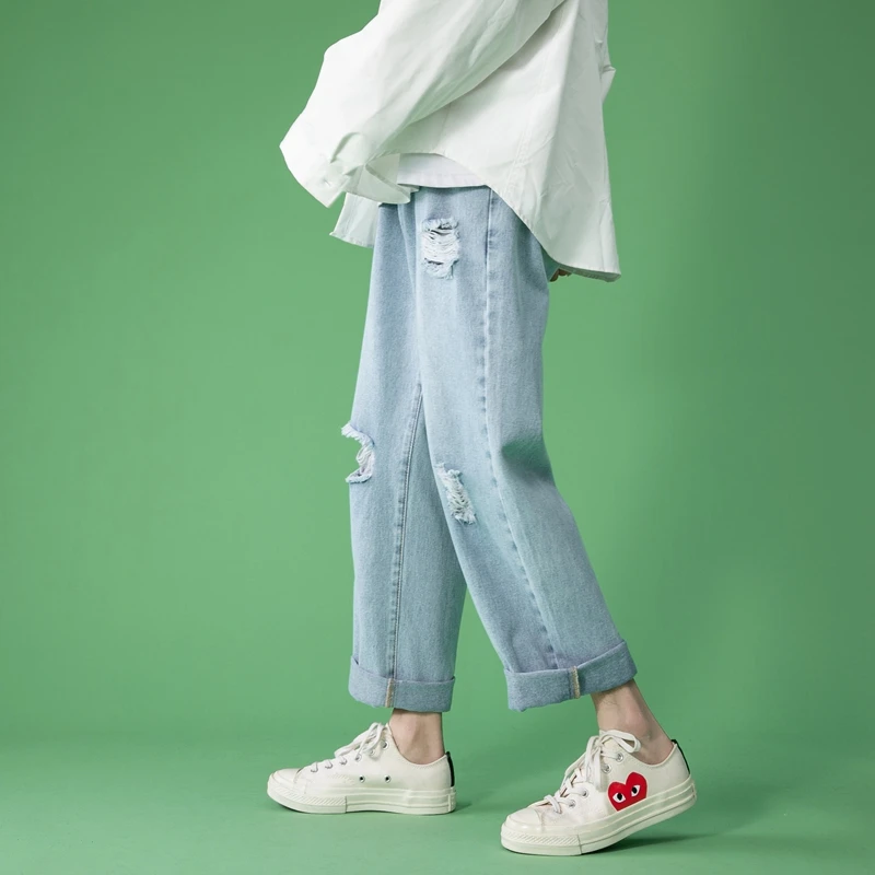 2022 Spring and Summer New Washed Denim Trousers Men's Ripped Fashion Simple Trendy Casual Slim Trousers Men