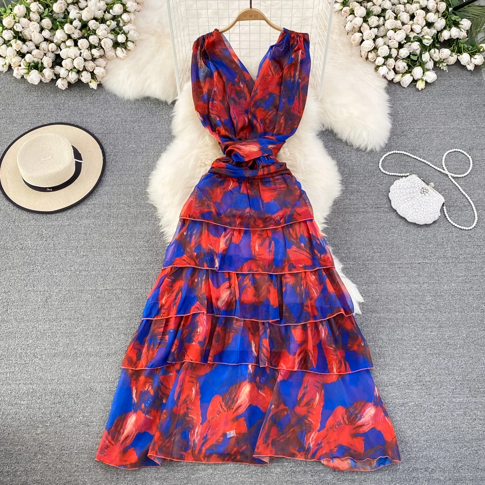 

2022 Summer Woman Dress Fashion V-neck Waist Slim Printed Cake Dress Ladies Seaside Holiday Big Swing Long Sexy Dresses Woman
