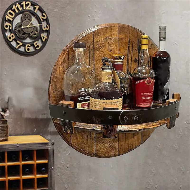 

Hand Crafted Liquor Bottle Display Wall Mounted Vintage Round Wine Shelf Wood Wine Rack Whiskey Rack Barware Bar Shelves