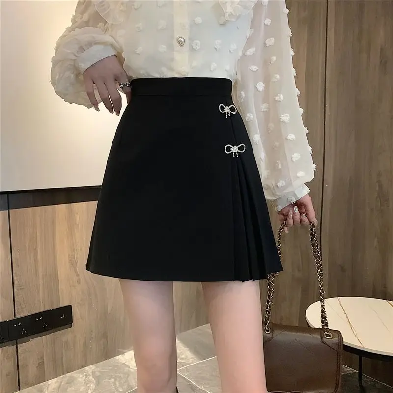 A-line Skirt Korean Version 2022 New Spring High-waisted Thin Anti-glare Pleated Skirt Bow-knot Design Sense Short Skirt Women