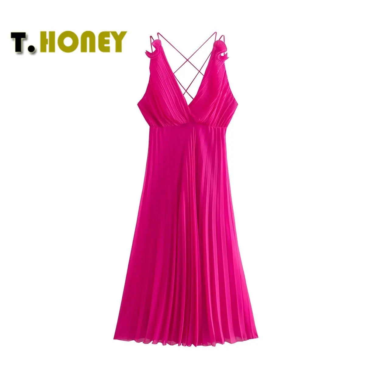 

Women Sexy Solid Color Sling dress Sleeveless Chiffon Pleated Cross Lace Up Design Red Loose Long Dress Female