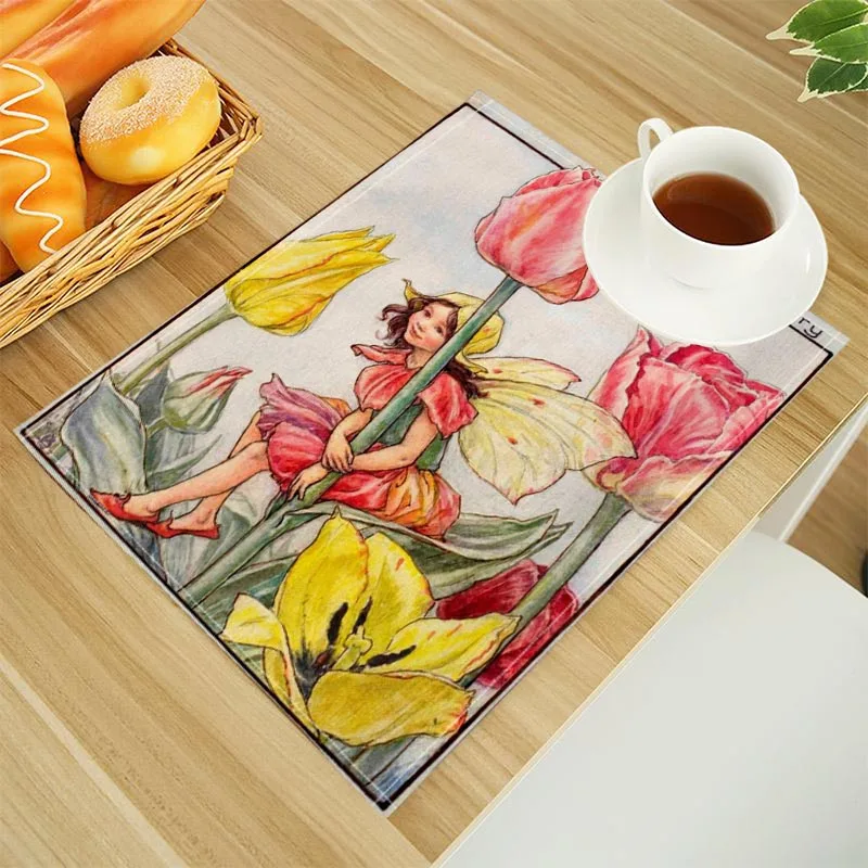 

The Fairies Of The Garden Print Linen Dining Table Mats Alphabet Kitchen Placemat 30X40cm Coasters Pads Bowl Cup Mat