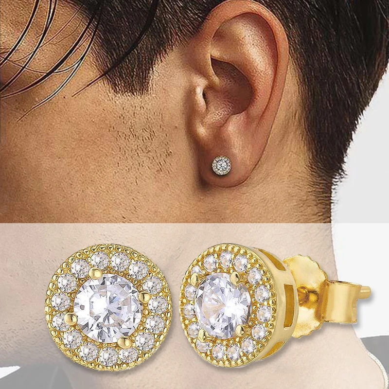 Hip Pop Rock Earrings for Men Simple Round Classic Cubic Zirconia Gold Color Minimalist Ear Rings Retro Jewelry Male Gift OHE149