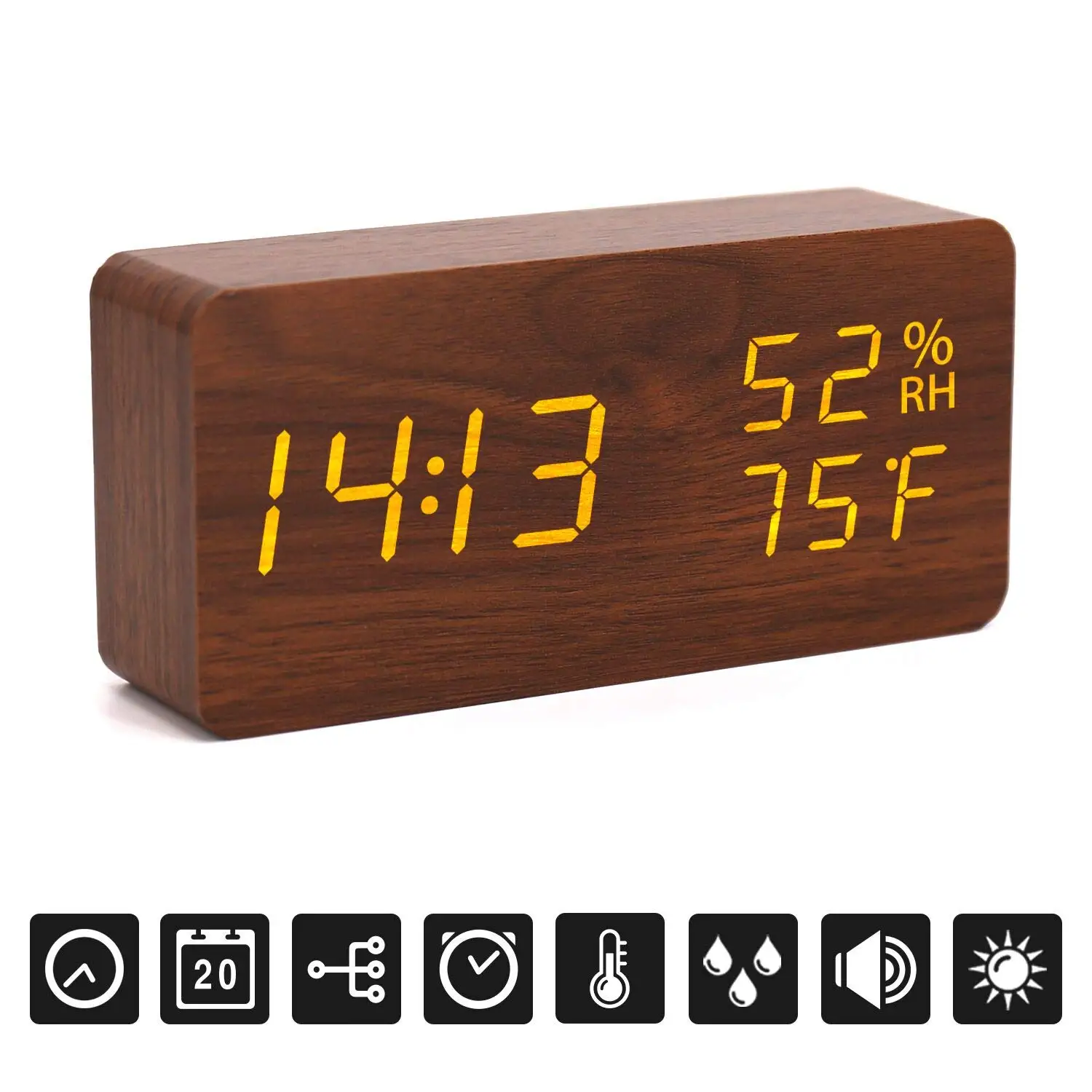 

Wooden Digital Alarm Clock with LED Adjustable Brightness Voice Control Desk Alarm Clock with Day Date and Temperature Function