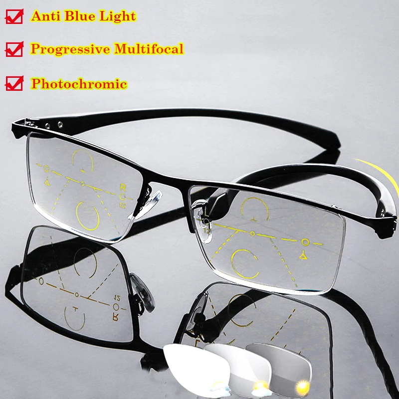 

Business Photochromic Reading Glasses For Men Progressive Multifocal Blue Light Blocking Sun Male Read Eyewear 2022 With Case