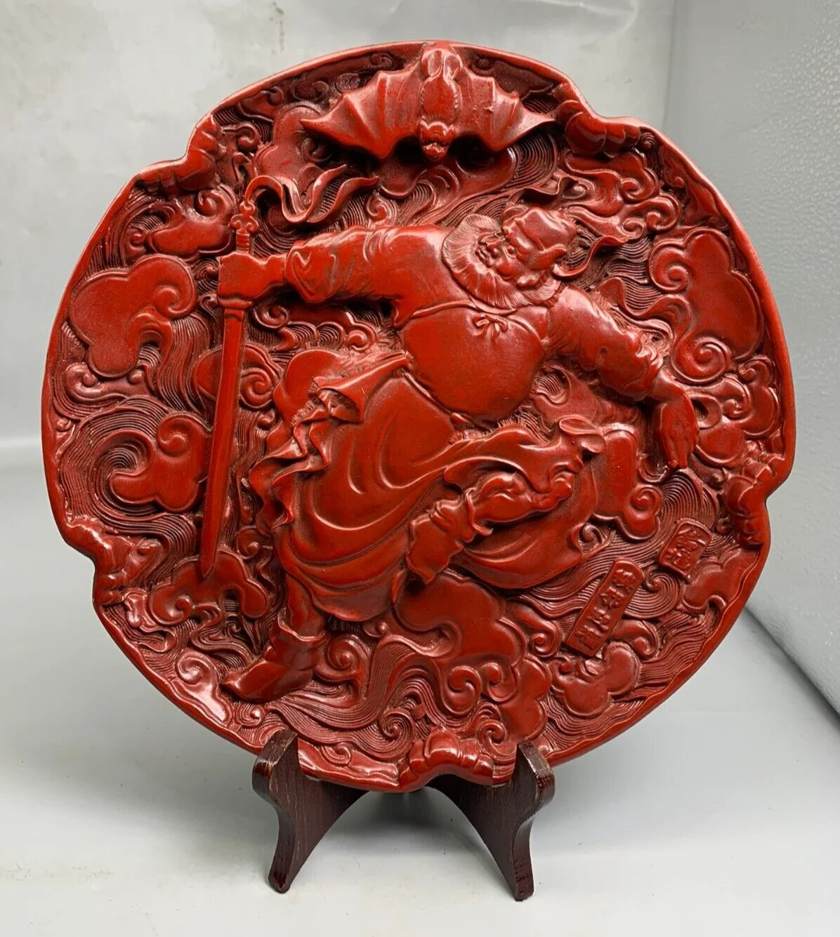 

24cm Collect noble hand carved Zhong kui catches ghosts lacquer Ornamental plate