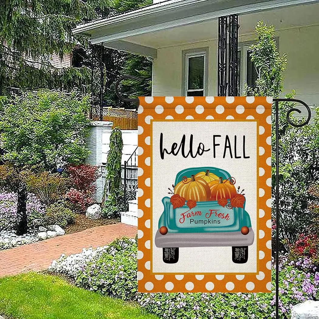 Флаг садовый Hello Fall Оранжевые тыквы в горошек для грузовика маленькие сезонные