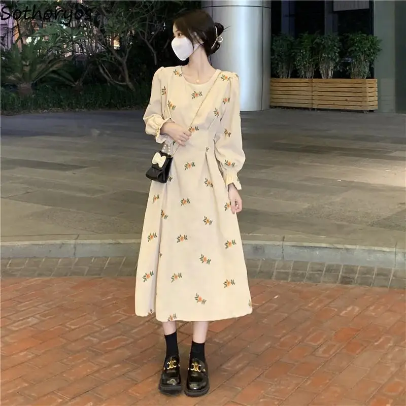 

Women Puff Long Sleeve Dress O-neck Corduroy Floral Printing Sweet Japanese Style Casual Retro Stylish Ulzzang Simple All-match