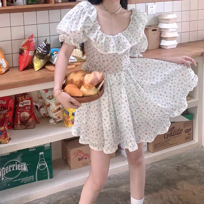 

Vintage Puff Sleeve Mini Dress for Women Casual Ruffles O-neck High Waist Summer Dresses 2022 Elegant Floral Print Vestidos
