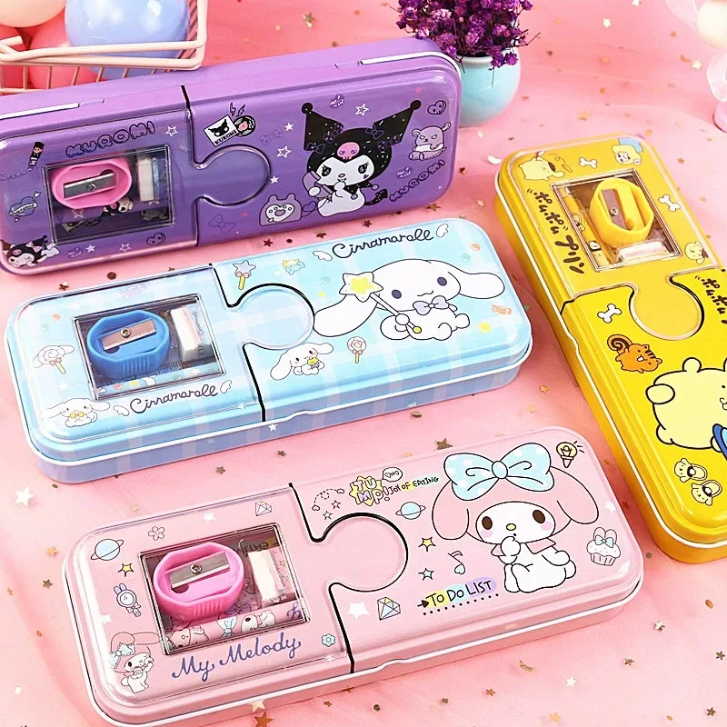 

New Metal Sanrio Children Cute Kuromi Gift For Student Kawaii Money Box Double Window Stationery Iron Pencil Case Large Space