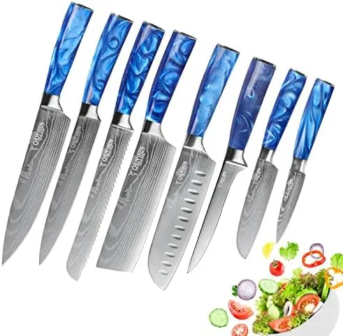 

Chef 8 PCS, 3.5-8" Stainless Steel Damascus Japanese Boxed Knife Set with Ergonomic Blue Resin Handle, Professional Sharp As