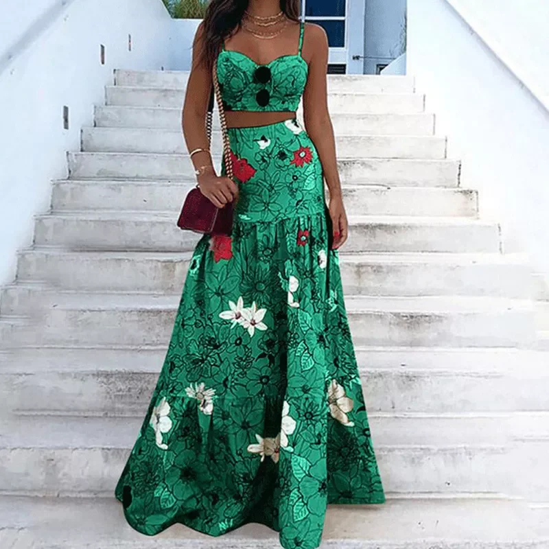

NEW IN Printed Sling Two Piece Sets Women's Outfits Summer Clothes Fashion High Waist Big Pendulum Temperament Hedging Long