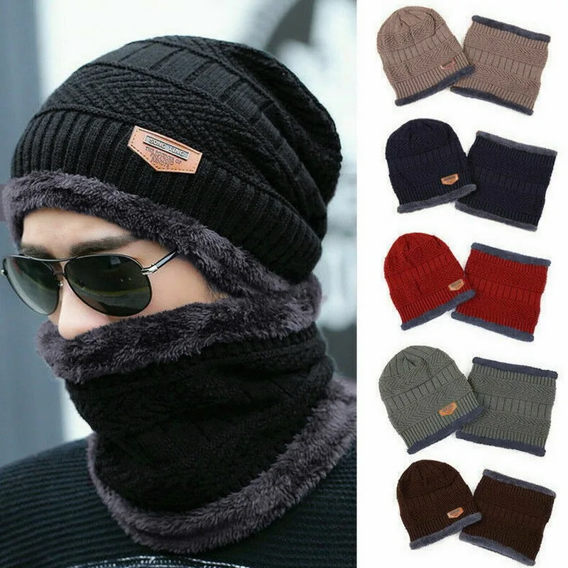 Winter Hat For Men Fleece Scarf Women Neck Leather Knitted Cap Thick Wool Neck Warmer Balaclava Ski Mask Skullies Beanies