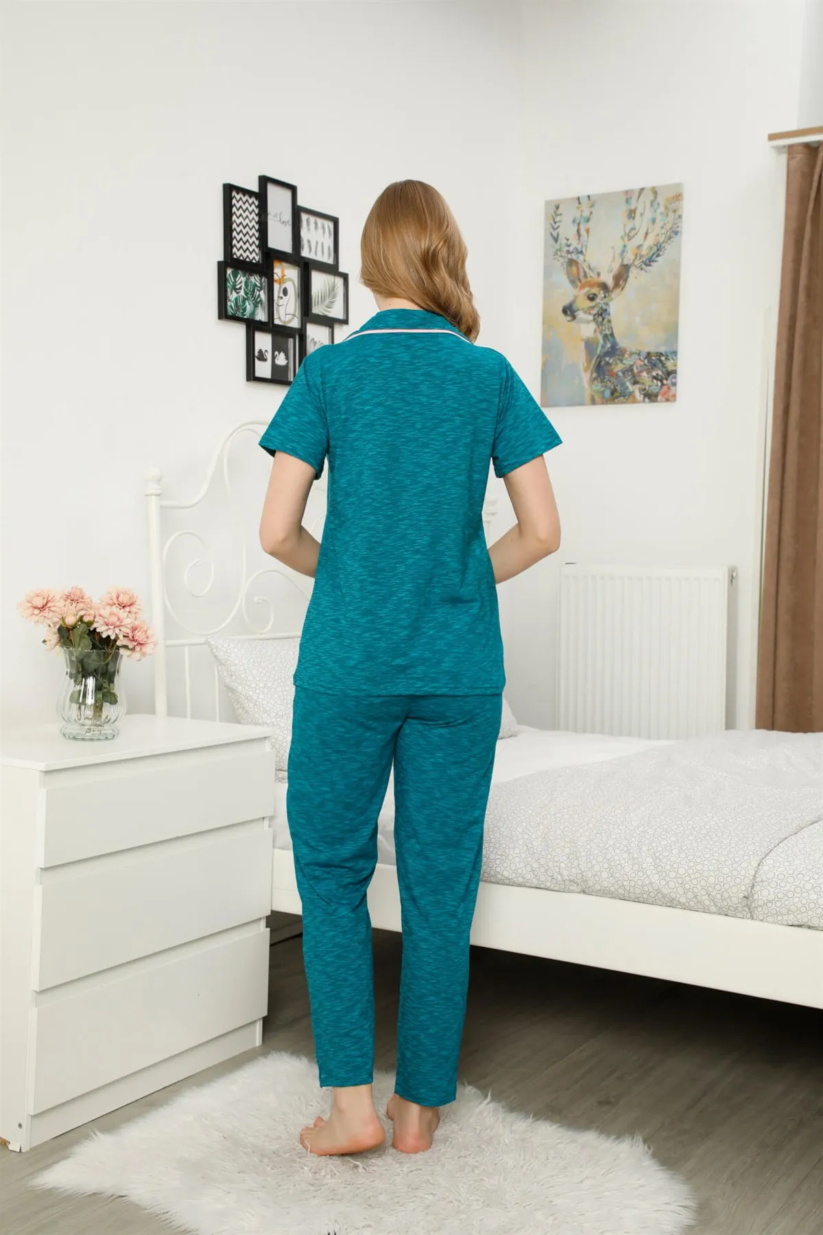 

Fashion Cartoon Women 'S 100 Cotton Front Button Short Sleeve Sleepwear Suit 2814