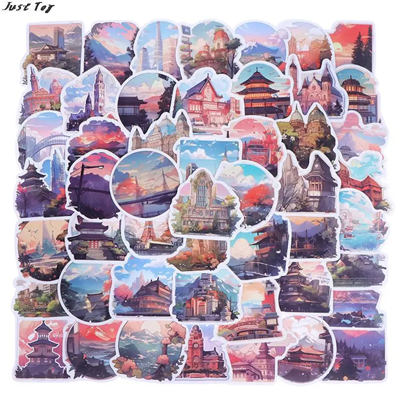 

50pcs Cute Ins Decals Kawaii Cartoon View Landscape Aesthetic Stickers Laptop Notebook Phone DIY Decoration Kids Toys
