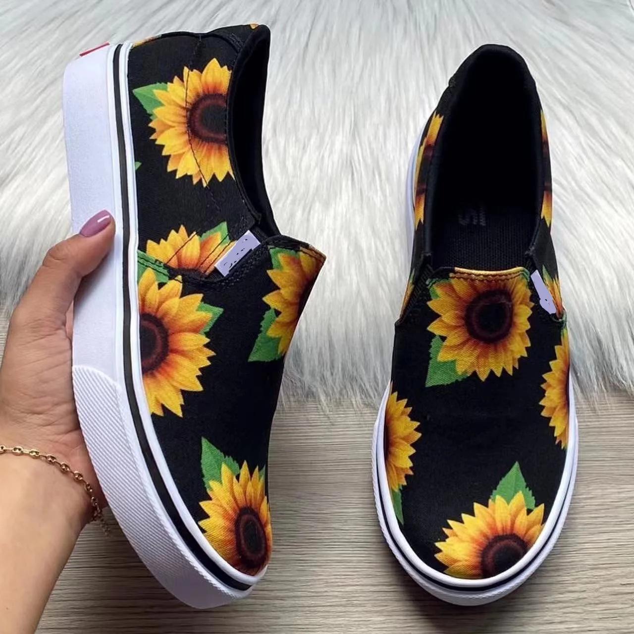 

Women's Canvas Shoes 2022 Casual Fashion Printed Sunflower, White Daisy Comfort Flat Large Size Single Shoes 36-43
