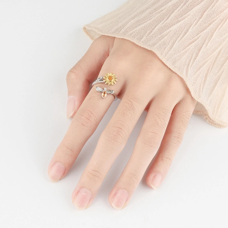 

Silver Rings Adjustable Open Ring Cubic Zirconia Sunflower Spinner Ring