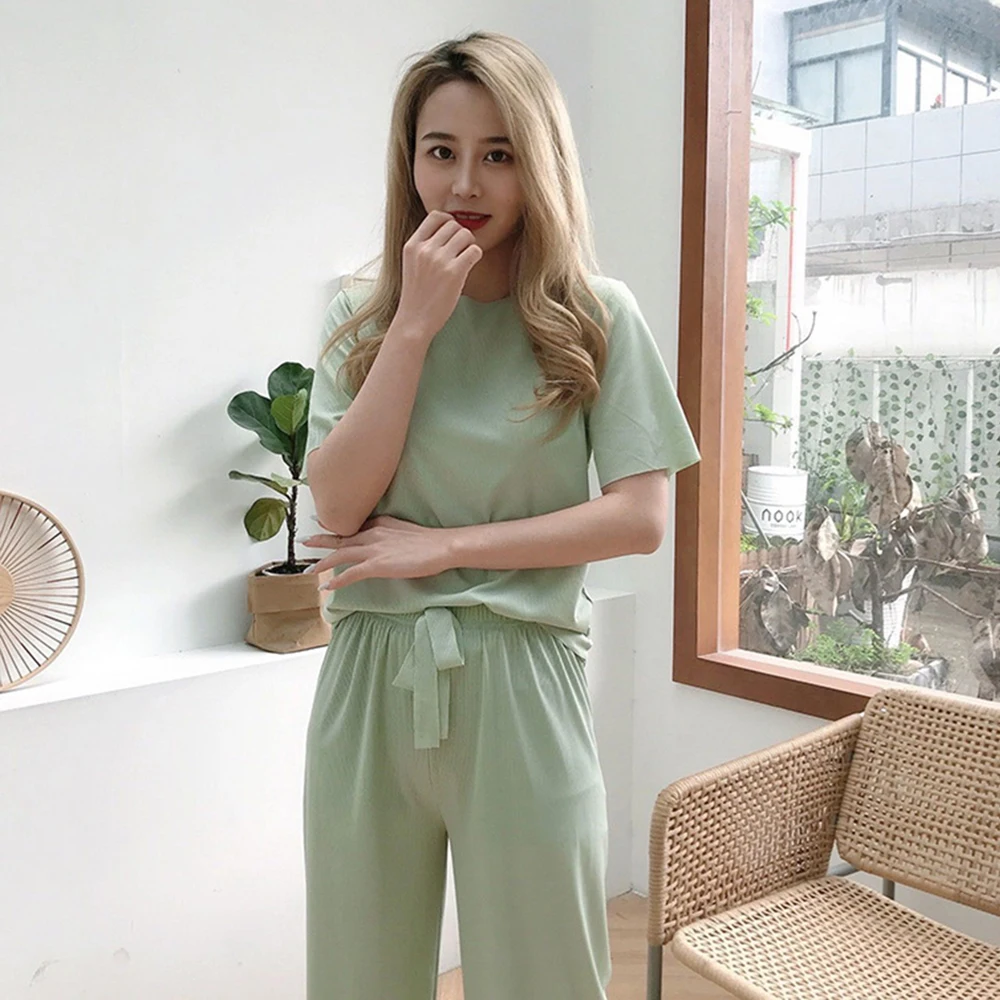 

Pajamas Women Ice Silk Sports Suit Summer New Solid Color Sleepwear Short Sleeve Trousers Casual Clothing Women's Home Clothes