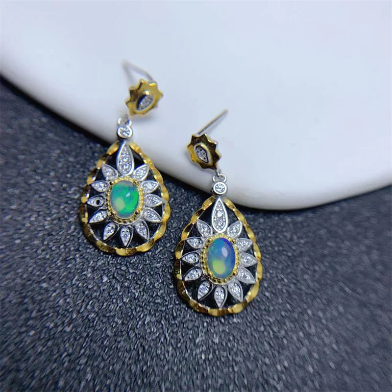 Натуральный опал 925 Висячие серьги из серебра пробы 6x4 мм оригинальный с