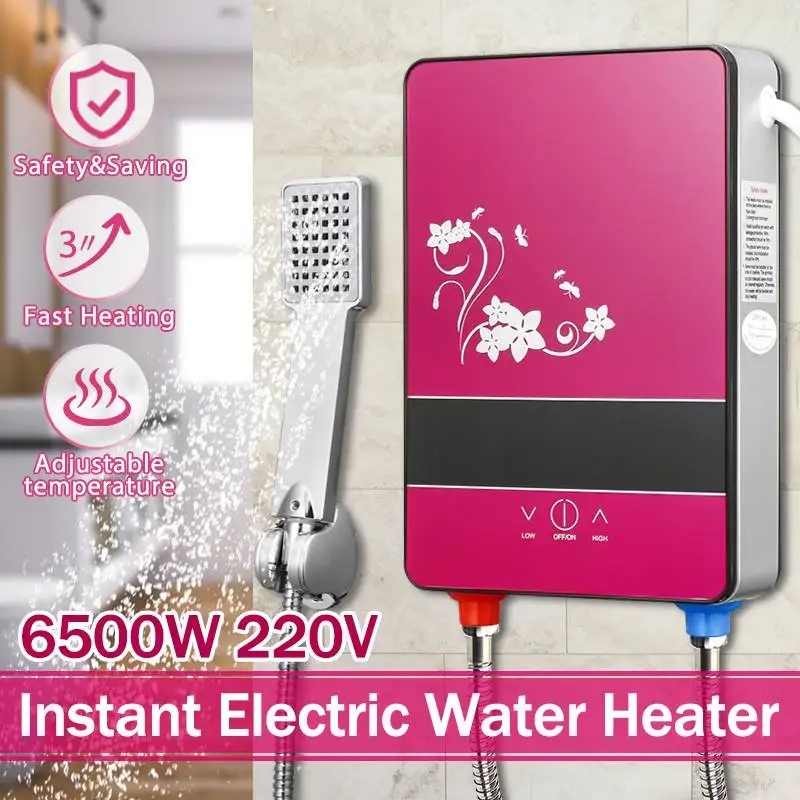 6500W 220V Electric Hot Water Heater Tankless Instant Heating Set Bathroom Self-checking Automatically Safety With Shower Nozzle