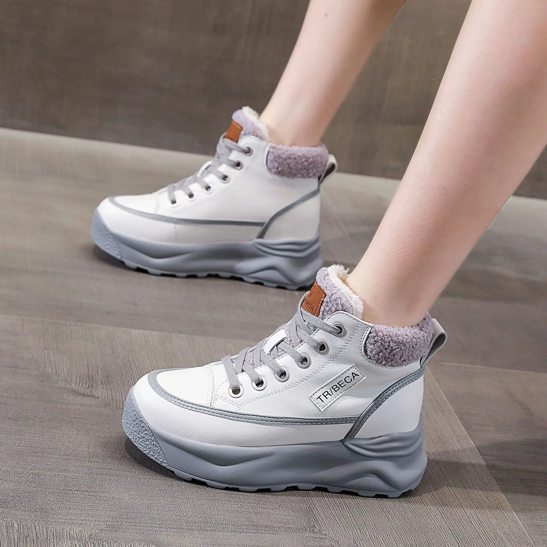 

7cm Cow Genuine Leather Women Ankle Boots Platform Wedge Hidden Heels Warm Fur Plush Winter Shoes Motorcycle Casual Boots