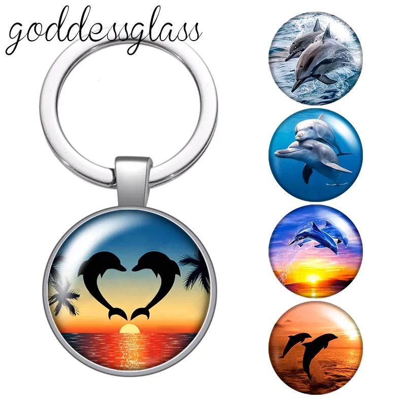 New Couple dolphins Love Cute dolphin sea animals  glass cabochon keychain Bag Car key chain Ring Holder Charms keychains gift