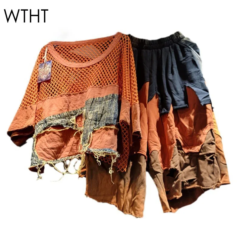 WTHT новые модные женские костюмы сетчатая джинсовая футболка с коротким рукавом в