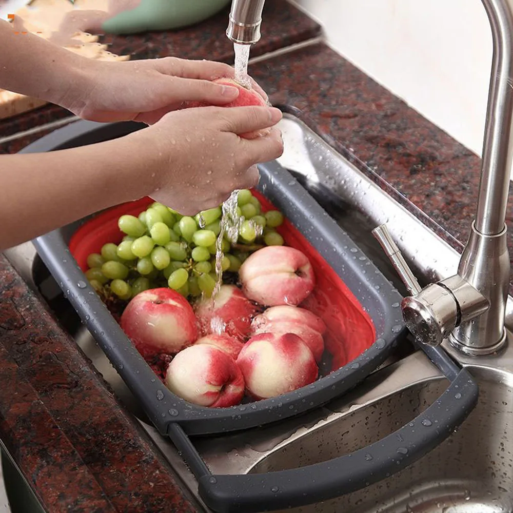 

Fruit Vegetable Washing Basket Sink Drain Rack Foldable Telescopic Draining Basket Colander Silicone Basin Kitchen Gadgets
