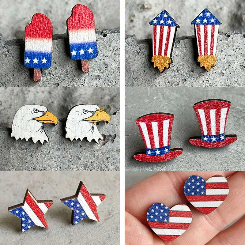 

Independence Day Wooden Stud Earrings American Flag Arrow Sunflower Heart Star Ice Cream Hat Eagle Head Ear Studs Gifts Jewelry