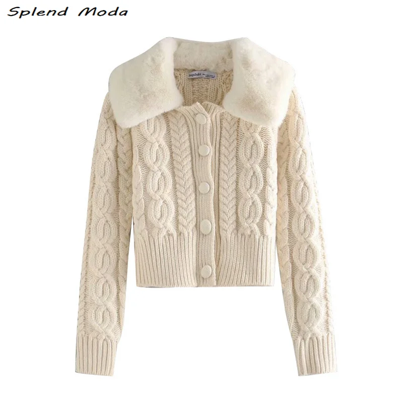 

Splend Moda Elegant Long-Sleeve Solid Stitching Faux Fur Twist Knitted Short Cardigan Female Autumn New Straight Sweater Women