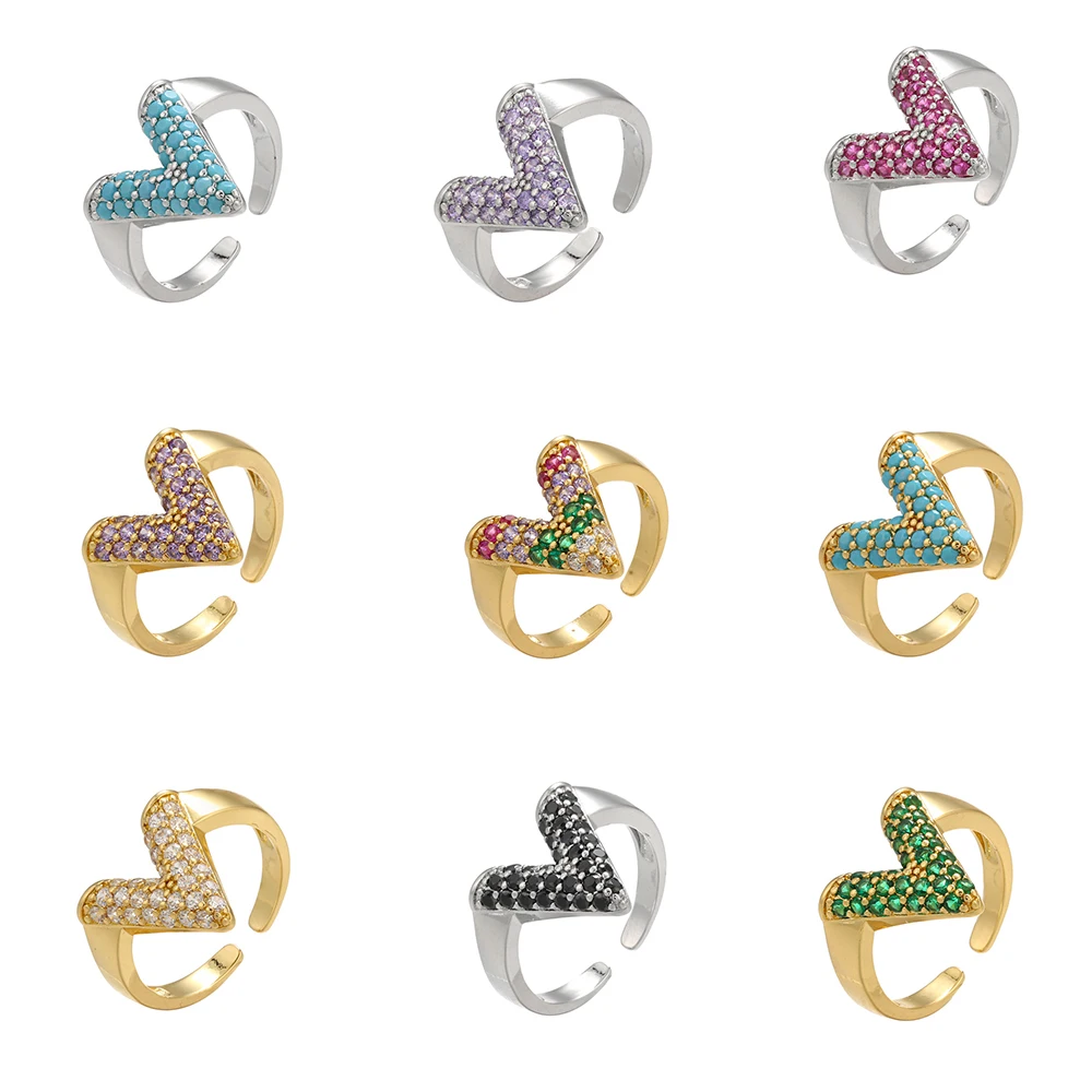 

Premium Colorful Zircon Inlaid Copper V-Shaped Ring Adjustable Geometric Ring Personality Temperament Women Jewelry Wholesale