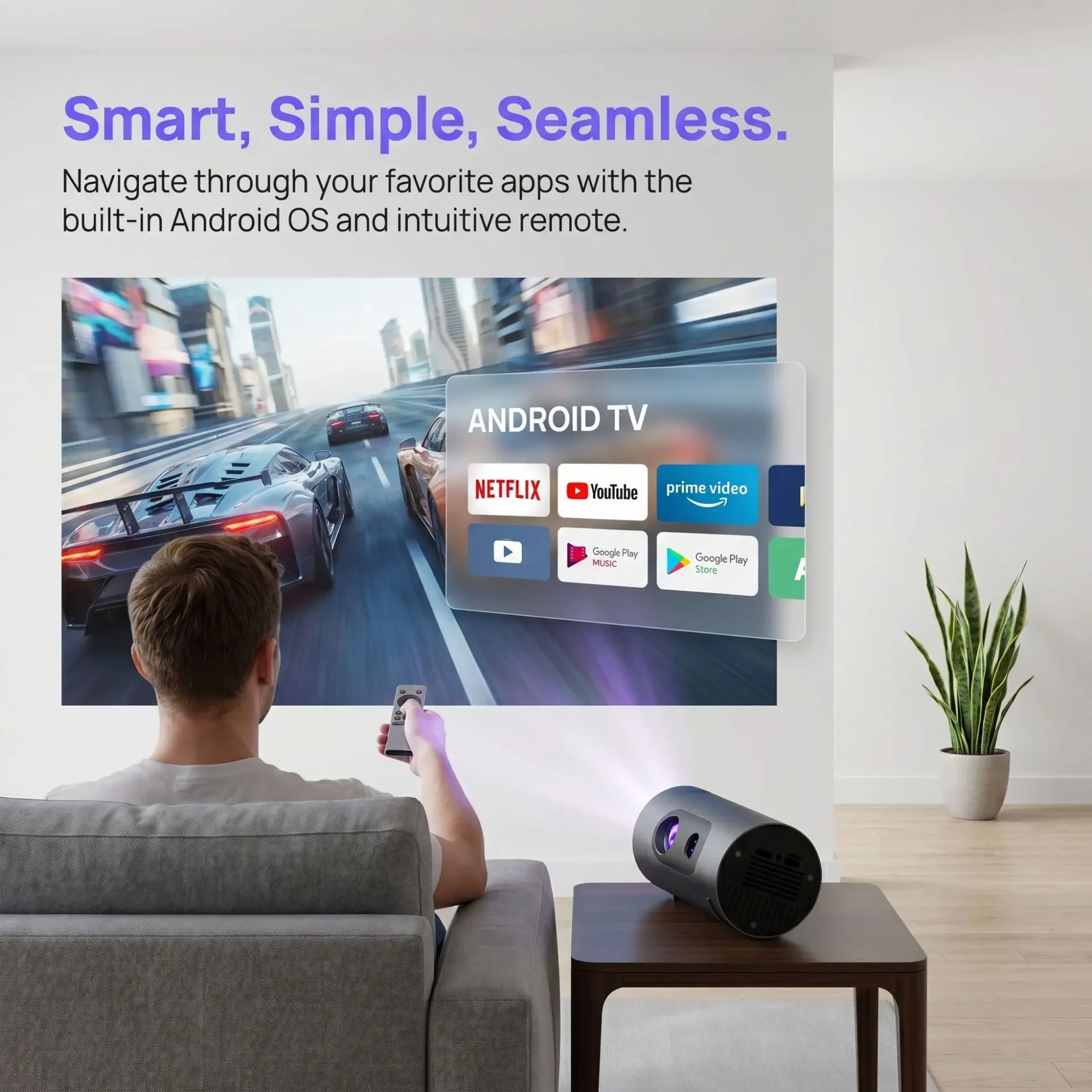 Фото Проектор Q8 на Android с WiFi6, умный мини-проектор, совместимый с 4K, с автофокусом, встроенным динамиком, для просмотра фильмов на открытом воздухе. №3