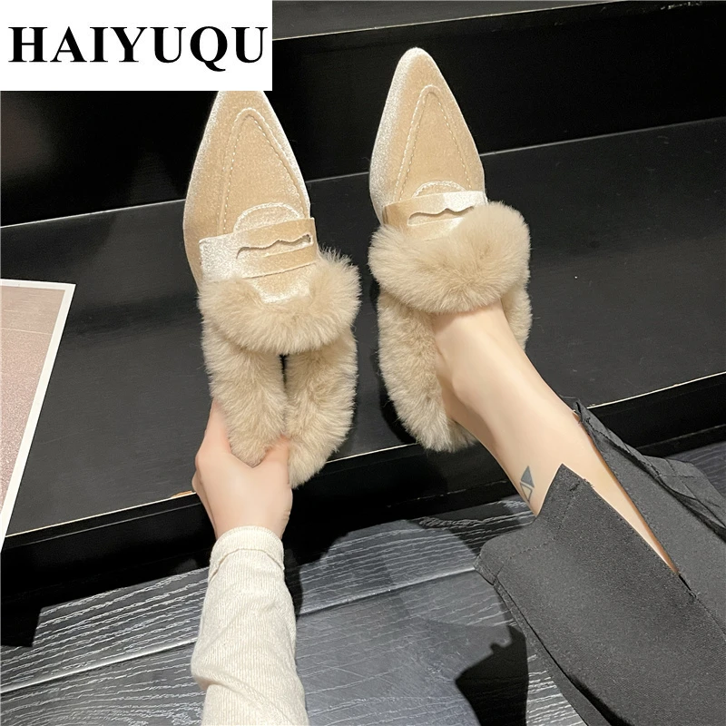 Элегантные меховые шлепанцы на низком каблуке женские замшевые мюли с острым