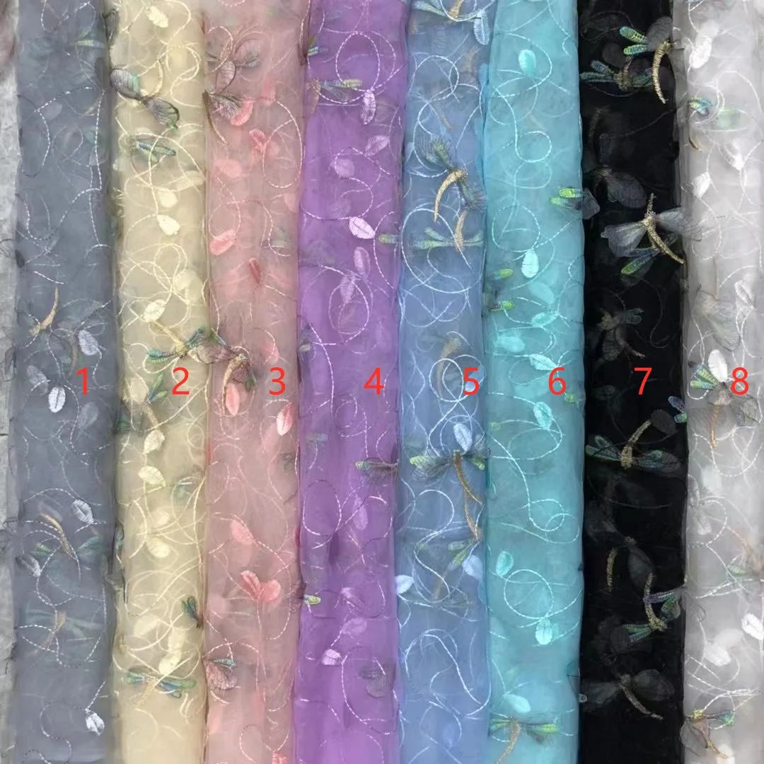 3/5/10yards 3D Dragonfly Embroidered Lace Fabric Tulle for Bridal Wedding Dress Veil Blue Pink Black White By the Yard |