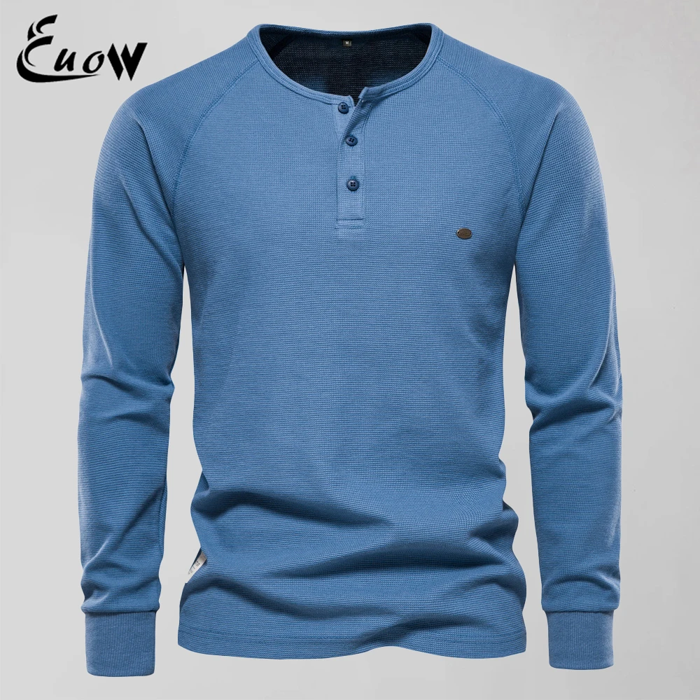 

EUOW Autumn Winter Men Clothing Bottoming Shirt Henry Collar Long-Sleeved Waffle T-shirt Solid Color Casual Men's Top Sweater