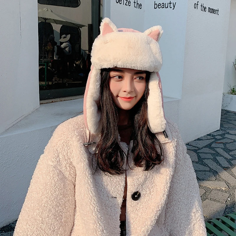 Женская теплая шапка-ушанка Авиатор Утепленная зимняя лыжная с кошачьими ушками